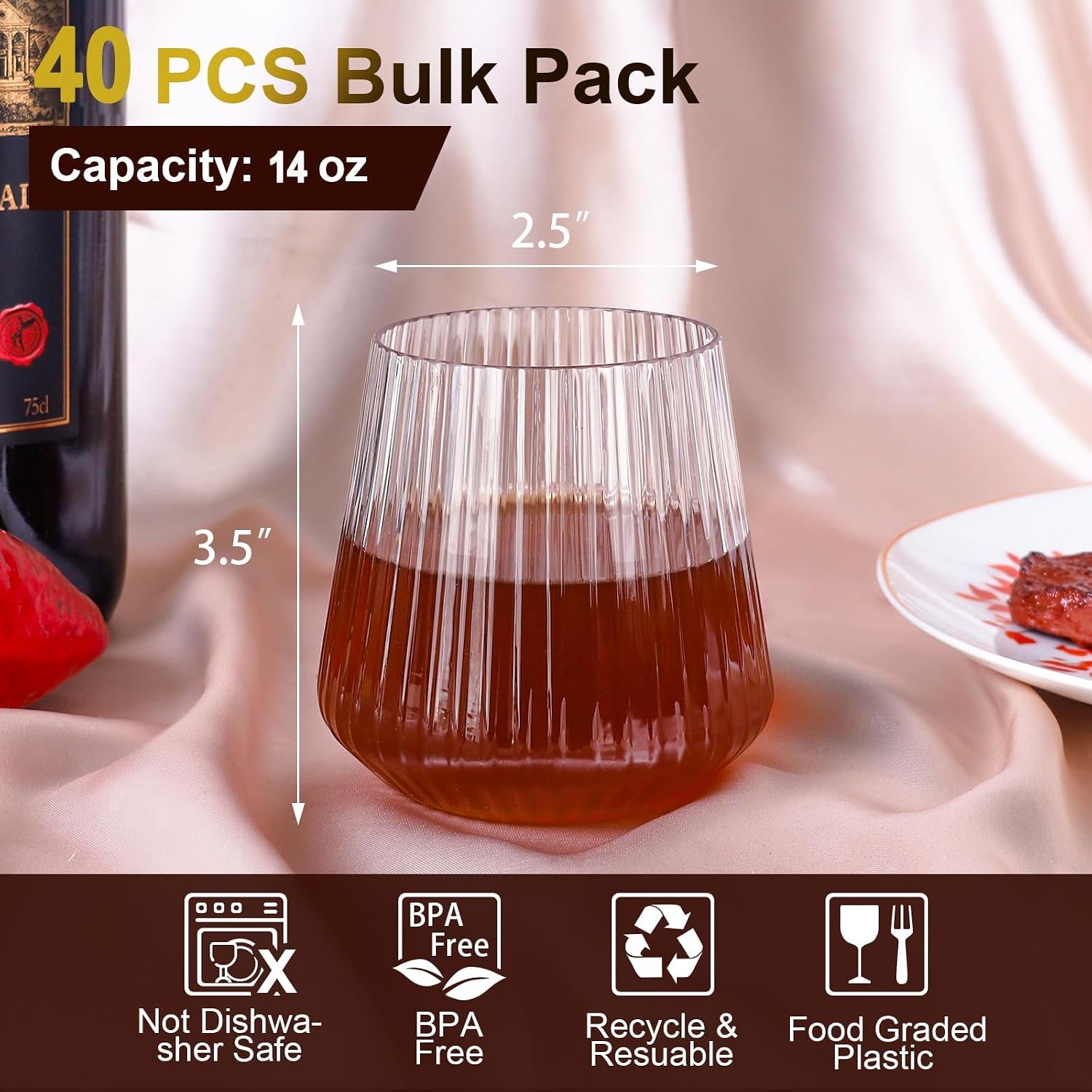 40 Pack Plastic Ribbed Wine Glasses  14Oz Origami Disposable Wine Glasses Unbreakable Clear Plastic Cocktail Glasses Recyclable Shatterproof Reusable Wine Cups (14oz 40pack)