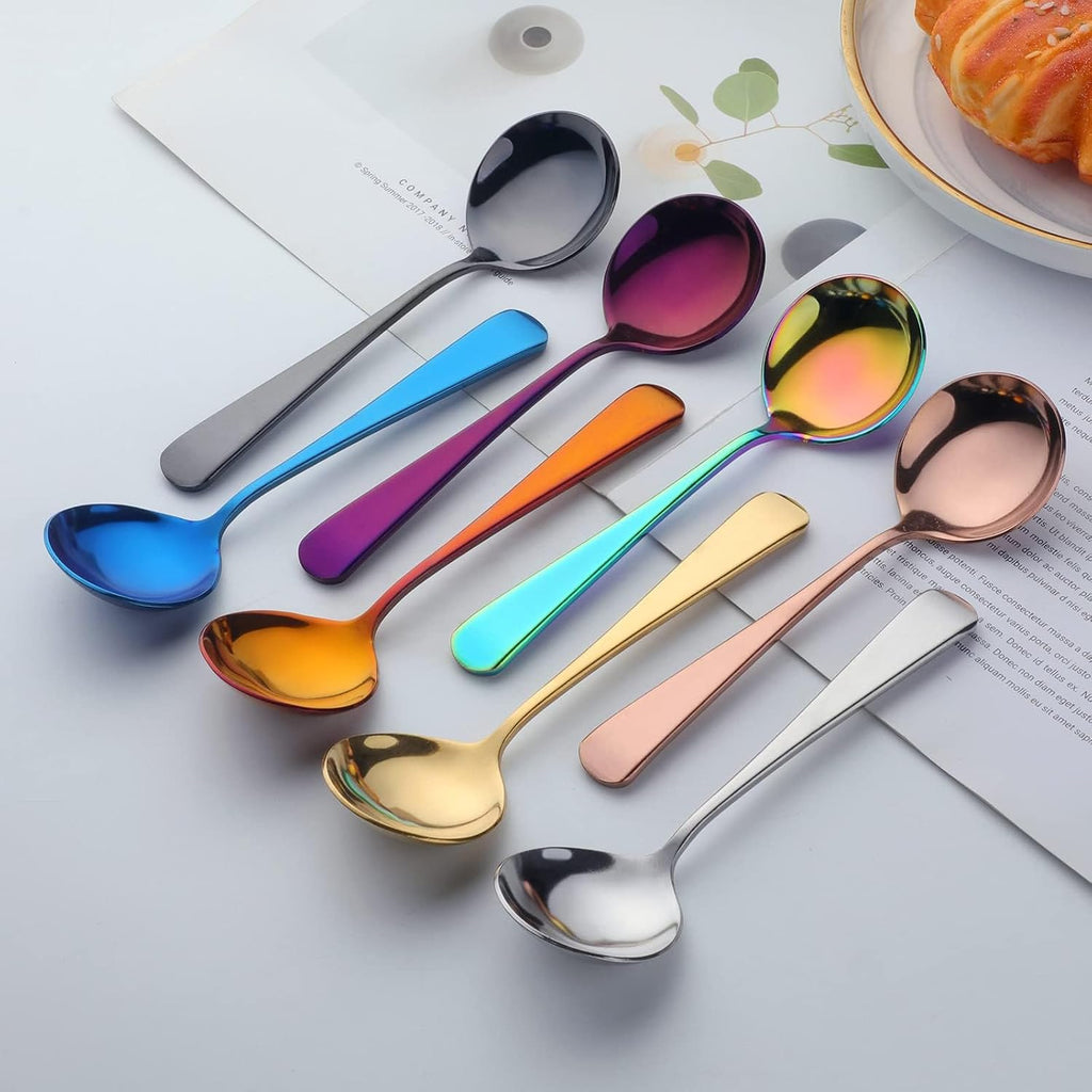 Broth Round Spoon Set  8-Piece Reusable Stainless Steel Dinner Table Cereal Soup Spoon  Camping Ramen Spoons