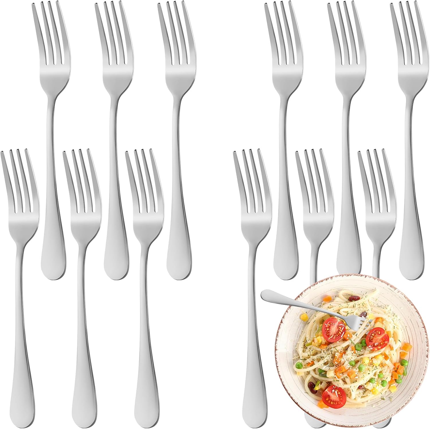 12 Piece Dinner Forks Set  Food-Grade Stainless Steel Forks Silverware  Cutlery Fork  Salad Fork  Metal Forks for Home  Kitchen or Restaurant  Mirror Polished  Dishwasher Safe - 7.3 Inch