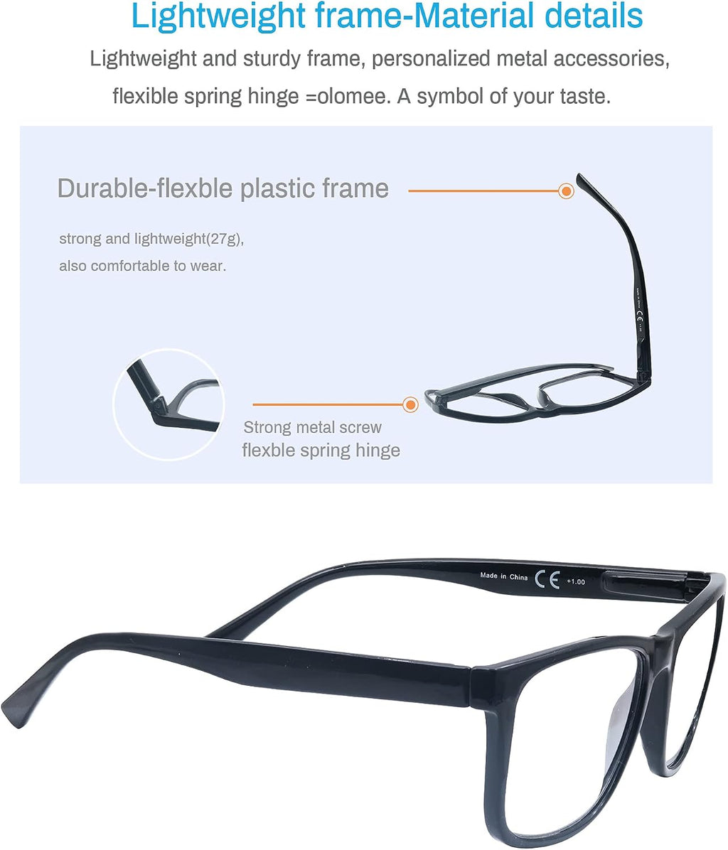 Large Reading Glasses Mens Oversized Wide Readers +1.50 Lightweight Square Magnifying Cheaters Glasses for Men W/Big Head 4 Pack