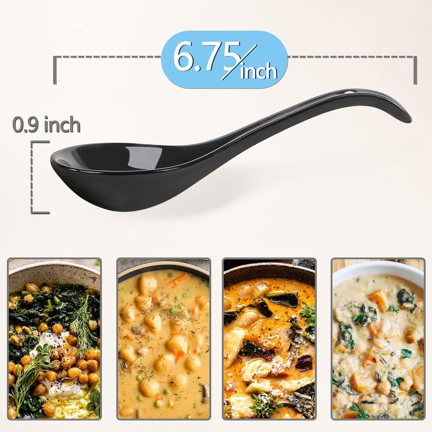 Black Ceramic Soup Spoons Set  6.75 inch Deep Oval Hook Design  Dishwasher Safe - Perfect for Ramen  Pho  Noodles  Stews  Wonton  Dumpling  Miso