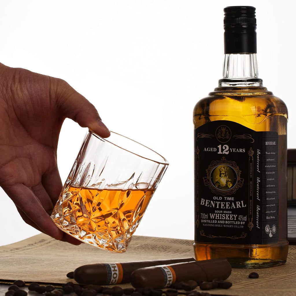 Whiskey Rocks Glass  Set of 4 (2 Crystal Bourbon Glasses  2 Round Big Ice Ball Molds) In Gift Box - 10 Oz Old Fashioned Glasses for Scotch Cocktail Rum Cognac Vodka Liquor  Unique Gifts for Men