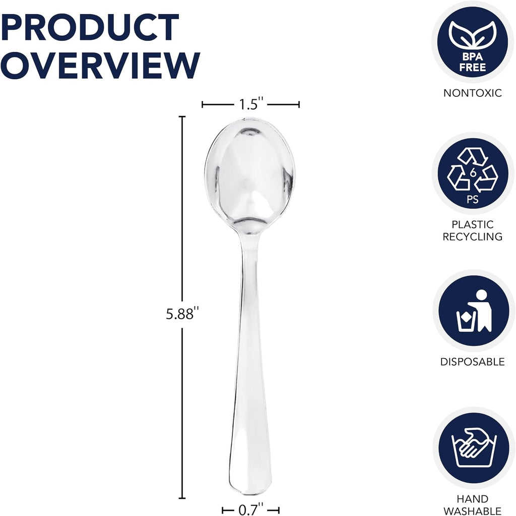 Party Essentials Disposable Plastic Cutlery/Heavy-Duty Flatware/Silverware for All Events  50-Count  Shiny Silver Soup Spoons