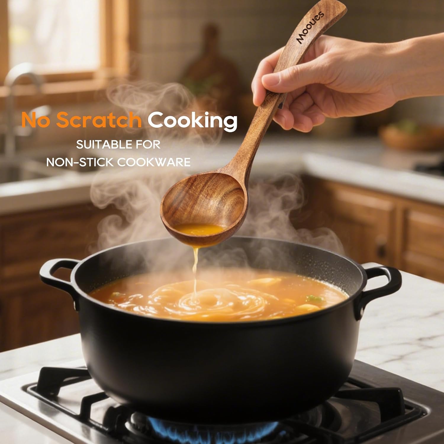 Wooden Ladle for Soup  3 Size Teak Wood Ladle Spoon with Back Hooks  Heat Resistant Wooden Spoons for Cooking  Non-Stick  Comfortable Grip  Wood Kitchen Utensils Set for Serving  Stirring