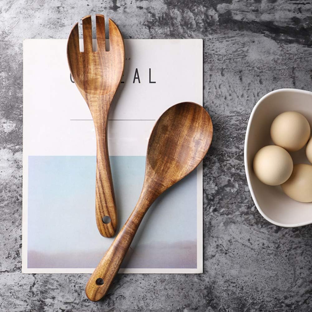 AOOSY Acacia Wood Salad Tongs 10.2 Inch Serving Utensils Set Salad Fork and Salad Spoon for Serving Long Handle Salad Server Set Kitchen Cooking Utensil