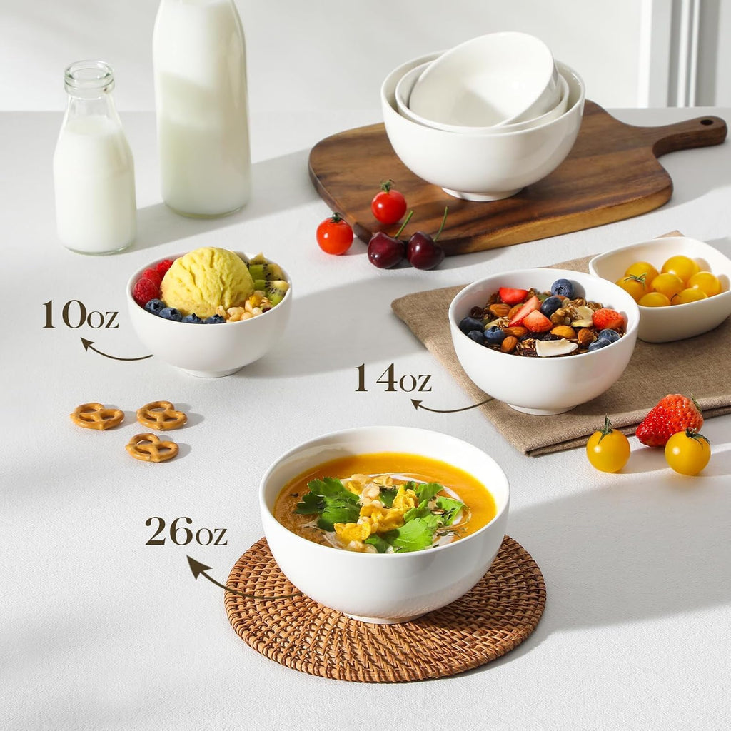 MALACASA 26 Oz Porcelain Soup Bowls Set of 4  White Ceramic Bowls for Kitchen  Cereal Bowl for Oatmeal  Fruit  Salad  Ramen and Rice Bowl -Dishwasher & Microwave Safe Bowls