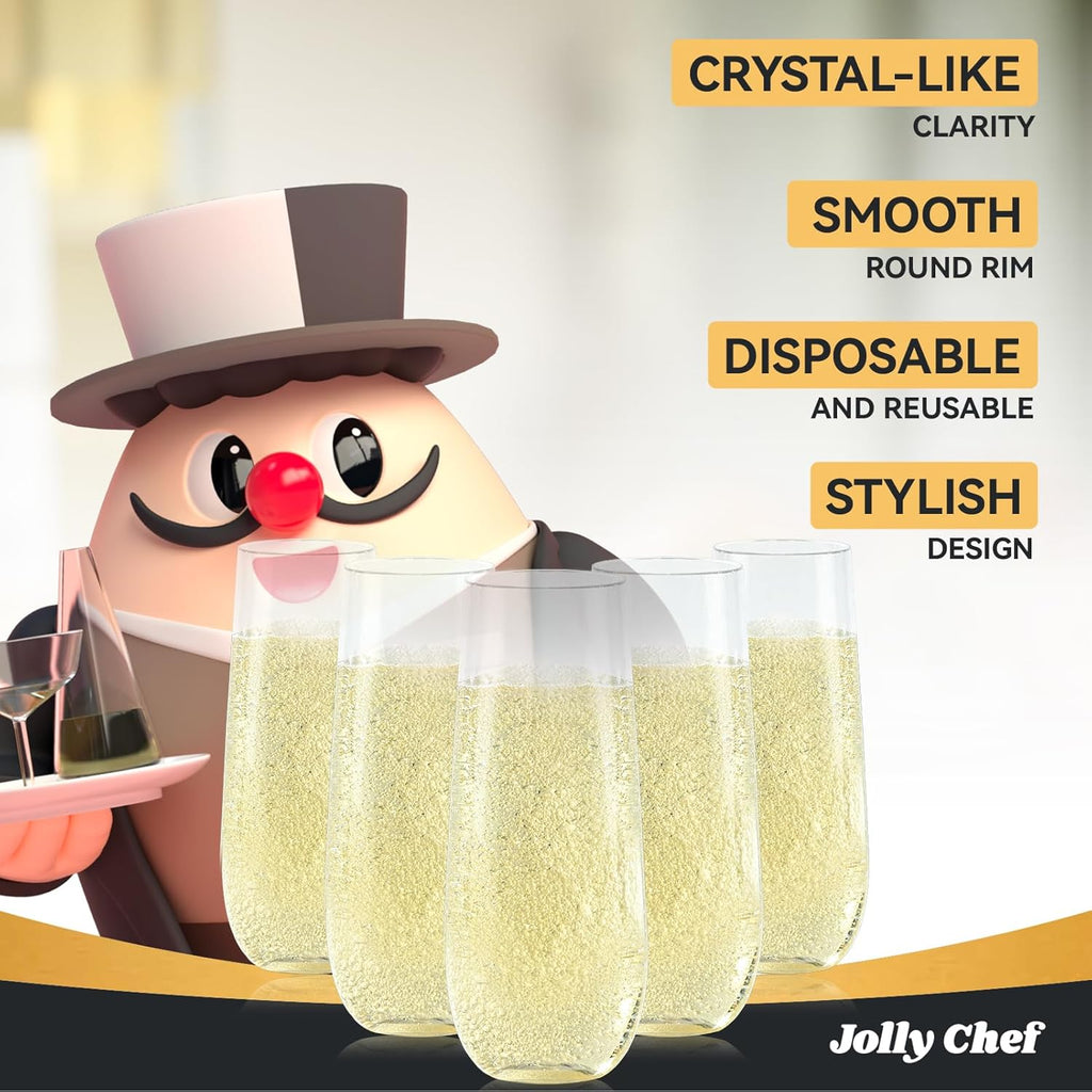 JOLLY CHEF 36 Pack Stemless Plastic Champagne Flutes 9 oz  Crystal Clear Stemless Plastic Toasting Glasses  Clear Disposable Unbreakable Drinkware Ideal for Wedding  Birthday  Party  Thanksgiving