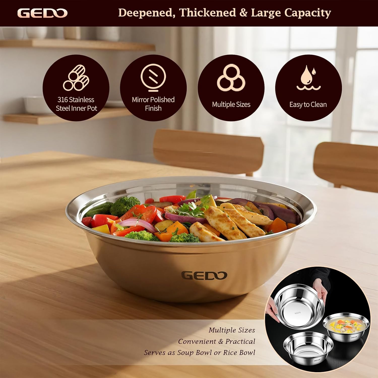 GEDO Stainless Steel 3 Pieces Mixing Bowls Set  316L Grade  Silver  Nesting Design  Professional Kitchen Bowls