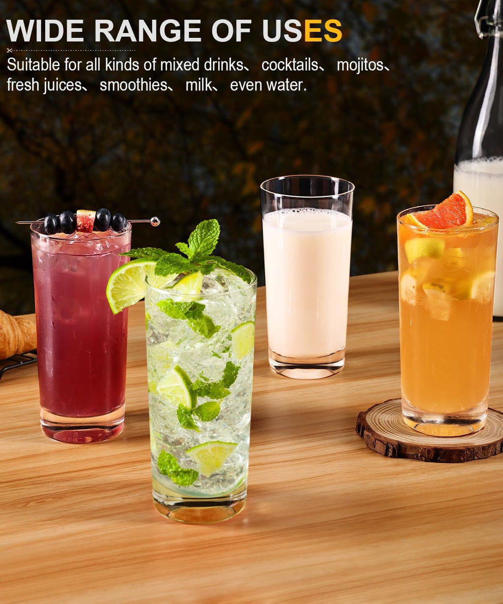 Drinking Glasses Set of 8  16 oz Water Glasses  Wide Mouth Design Lead-Free Crystal Highball Glassware  Tall Glass Cups for Cocktail Parties  Family Dinners  and Tom Collins Bar Glassware