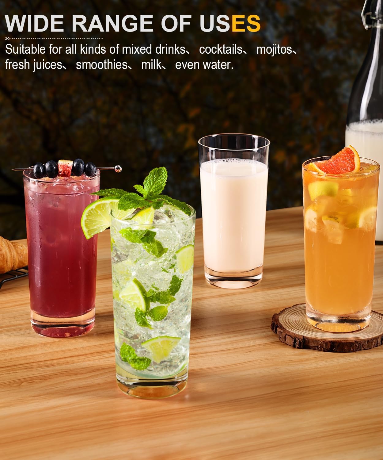 Drinking Glasses Set of 8  16 oz Water Glasses  Wide Mouth Design Lead-Free Crystal Highball Glassware  Tall Glass Cups for Cocktail Parties  Family Dinners  and Tom Collins Bar Glassware
