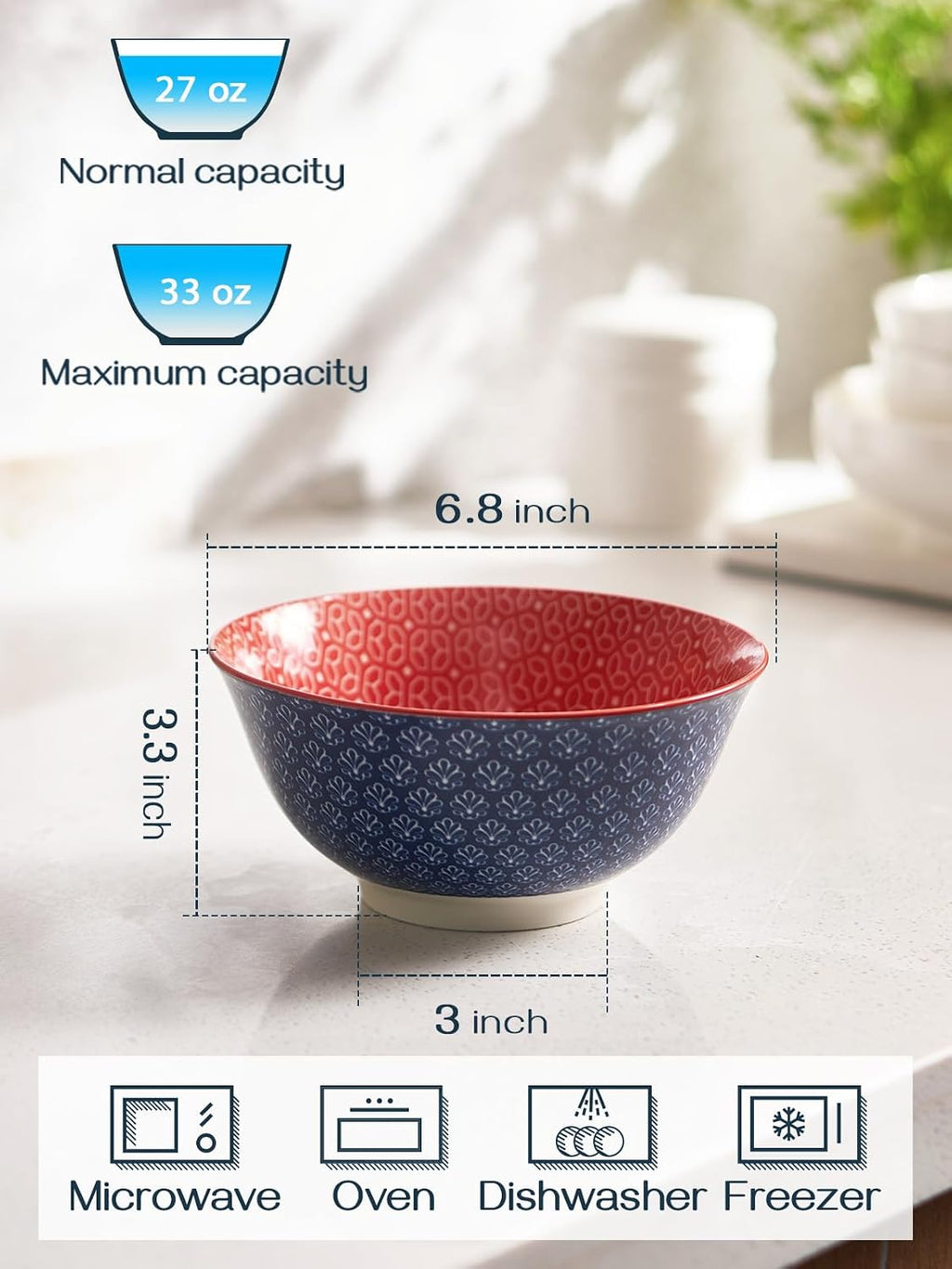 DOWAN Mosaian 33 OZ Large Bowl Set of 6 - Ceramic Deep Bowls for Ramen  Pasta  Salad - Vibrant Patterned Porcelain Bowls for Kitchen Decor & Housewarming Gift - Dishwasher & Microwave Safe