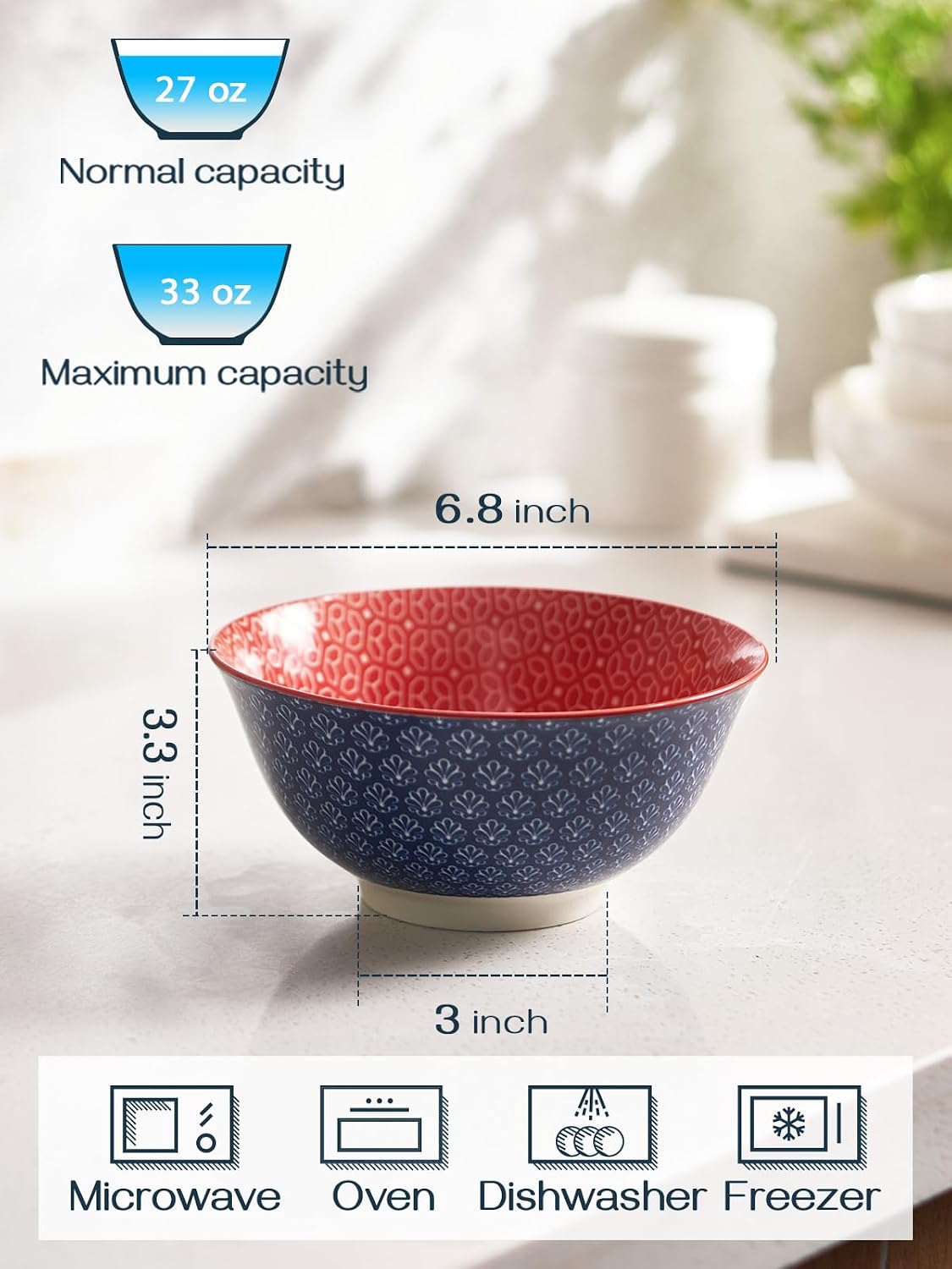 DOWAN Mosaian 33 OZ Large Bowl Set of 6 - Ceramic Deep Bowls for Ramen  Pasta  Salad - Vibrant Patterned Porcelain Bowls for Kitchen Decor & Housewarming Gift - Dishwasher & Microwave Safe