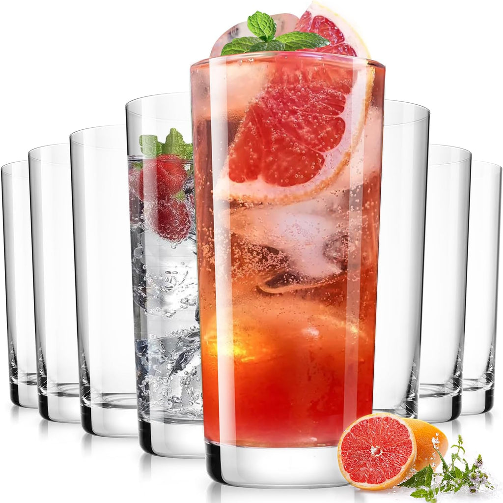 Drinking Glasses Set of 8  16 oz Water Glasses  Wide Mouth Design Lead-Free Crystal Highball Glassware  Tall Glass Cups for Cocktail Parties  Family Dinners  and Tom Collins Bar Glassware