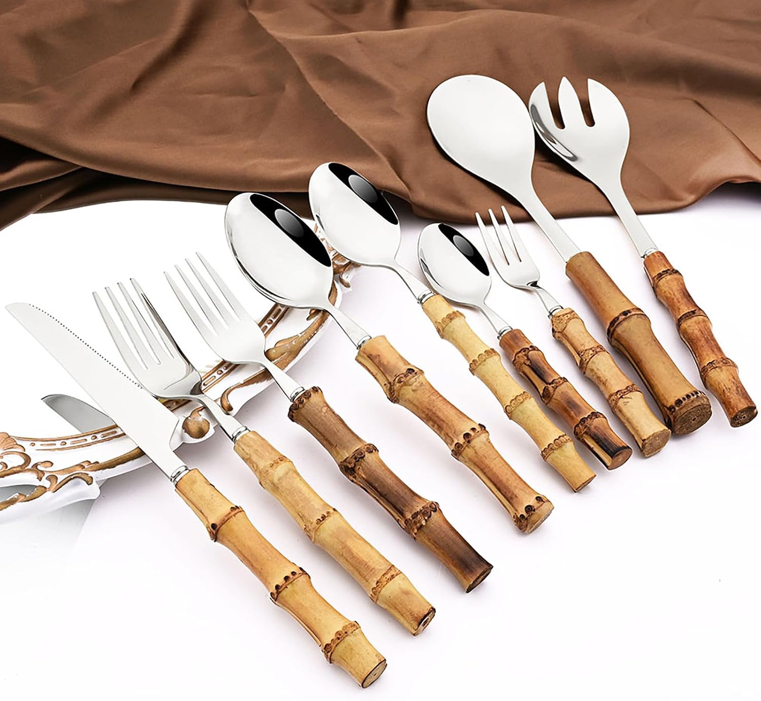 8pcs Natural Bamboo Salad Fork Set  Dessert Fork For Home Wedding Party Or Restaurant Daily Use  304 Stainless Steel  7.87-inch (Silver)