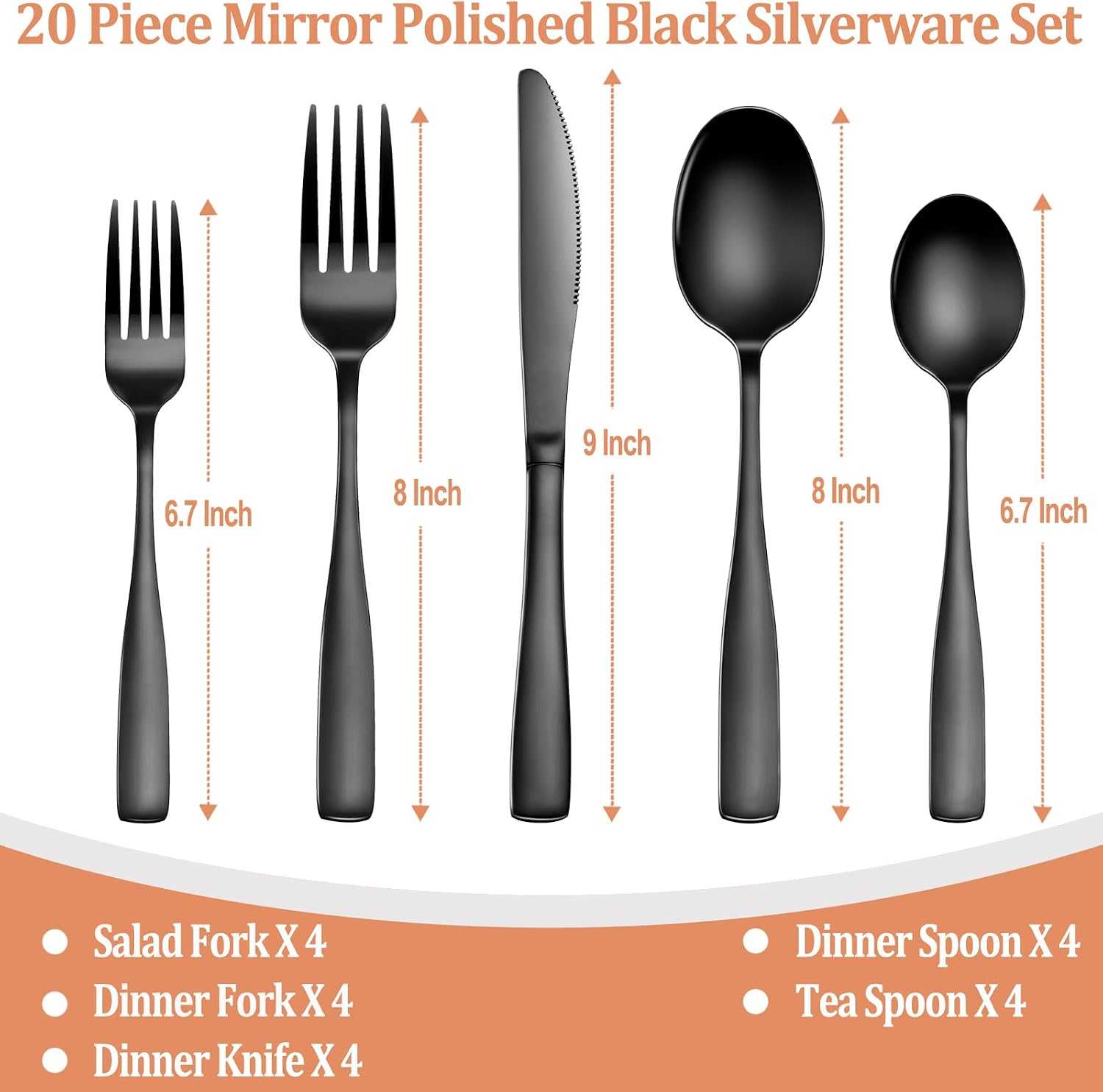 20 Pcs Black Silverware Set  Food-Grade Stainless Steel Flatware Set for 4  Square Cutlery Set  Mirror Polished Tableware Eating Utensils Set for Kitchen  Include Knife Fork Spoon Set Dishwasher Safe