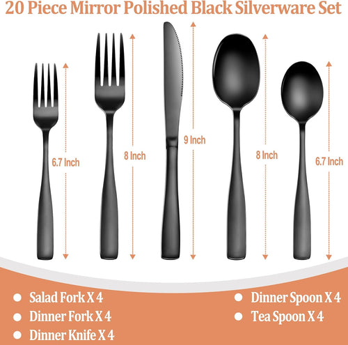20 Pcs Black Silverware Set  Food-Grade Stainless Steel Flatware Set for 4  Square Cutlery Set  Mirror Polished Tableware Eating Utensils Set for Kitchen  Include Knife Fork Spoon Set Dishwasher Safe