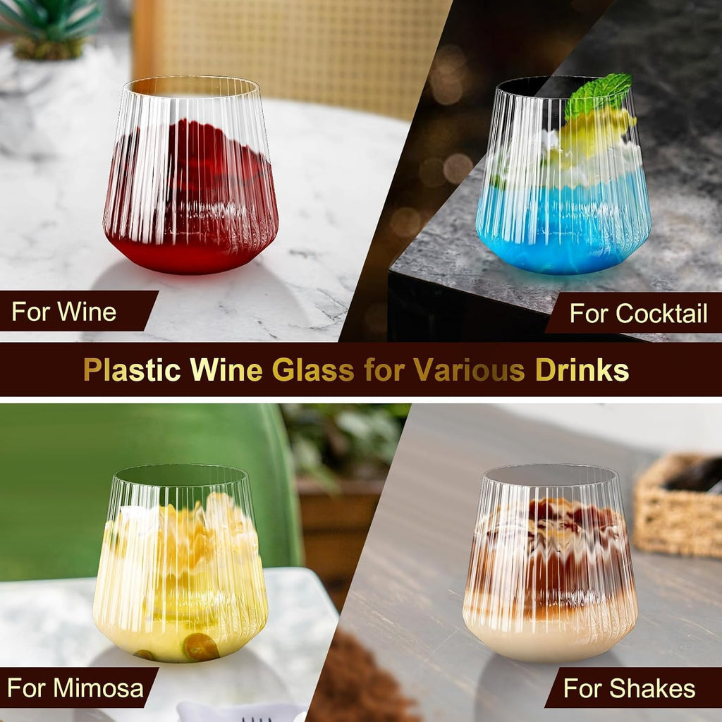 40 Pack Plastic Ribbed Wine Glasses  14Oz Origami Disposable Wine Glasses Unbreakable Clear Plastic Cocktail Glasses Recyclable Shatterproof Reusable Wine Cups (14oz 40pack)