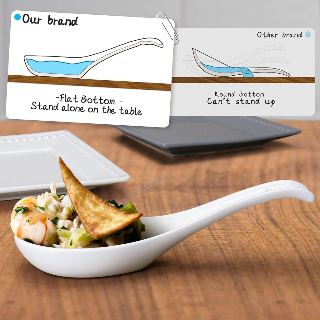 Asian Soup Spoons Set of 6  Ceramic Chinese Soup Spoons 7 Inch Japanese Spoon for Ramen Pho Dumpling Miso Wonton Noodles | Long Handle Flat Bottom Deep Oval Hook Design | White