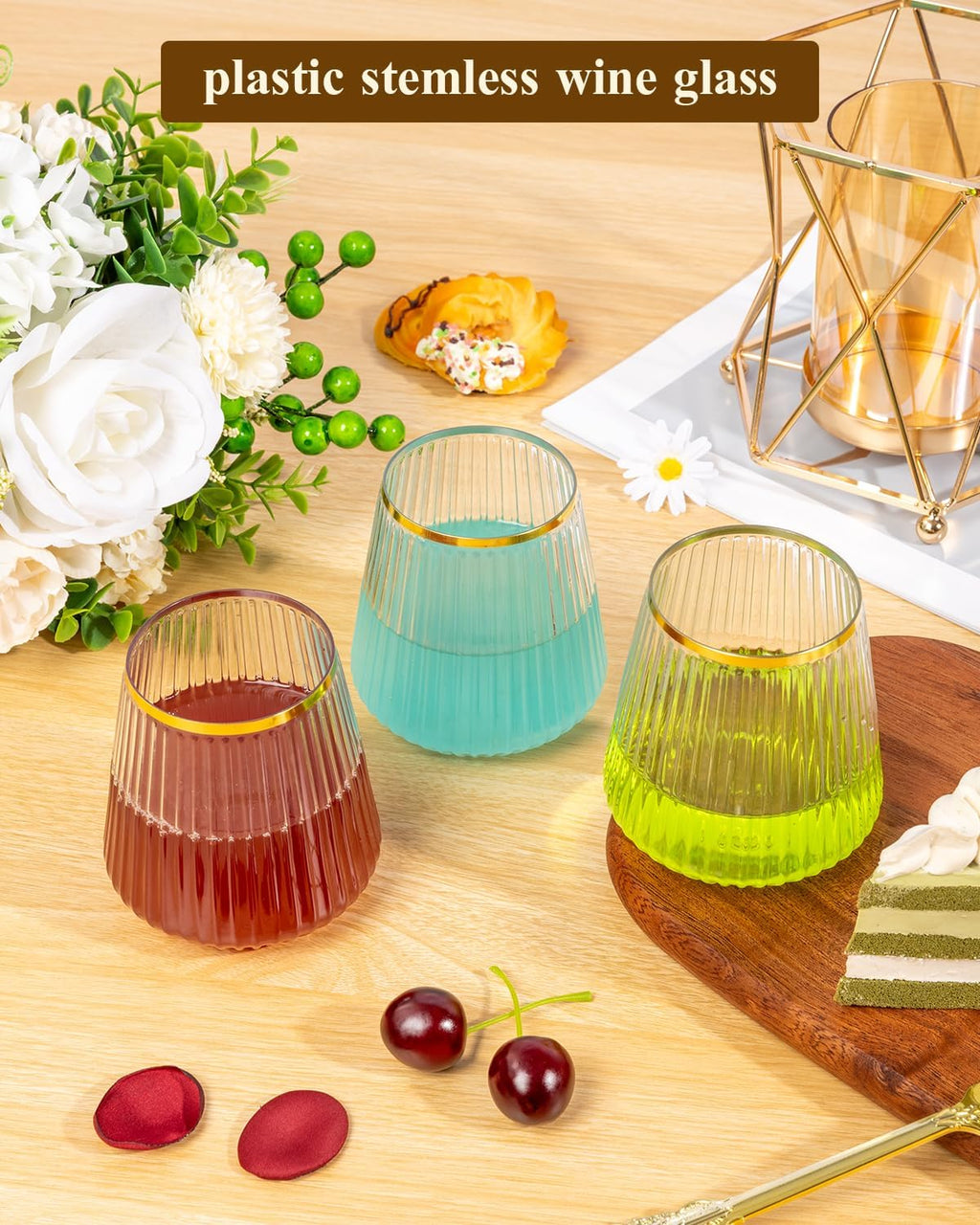 Goodluck 36 Pack 12oz Stemless Plastic Wine Glasses – Clear Ribbed Cups with Gold Rim  Fancy Reusable Disposable Drinkware for Weddings  Parties  Bars  Indoor and Outdoor Events