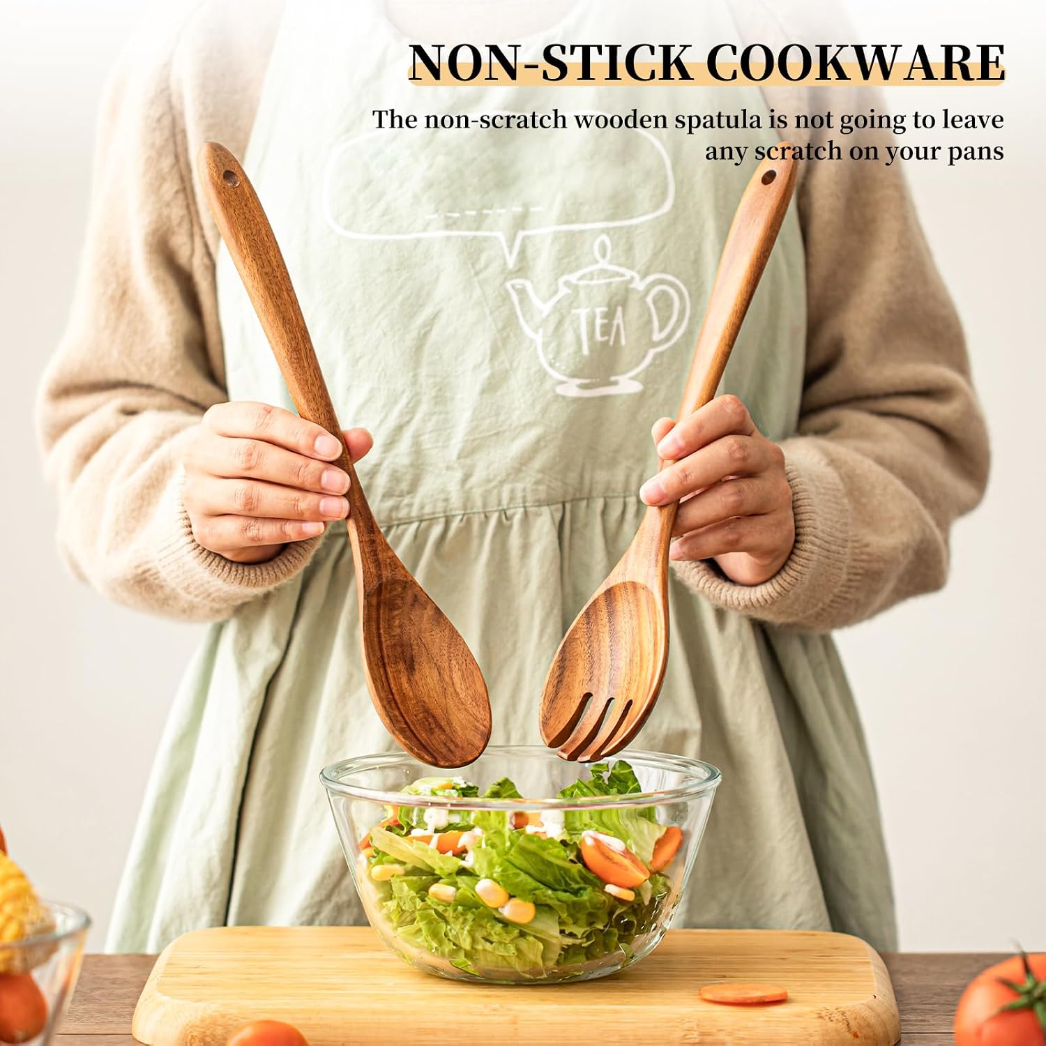 Gudamaye Acacia Wooden Salad Server Set 13 inch Salad Tongs for Serving including Salad Mixing Dinner Fork and Spoon Long Handle Salad Server Set