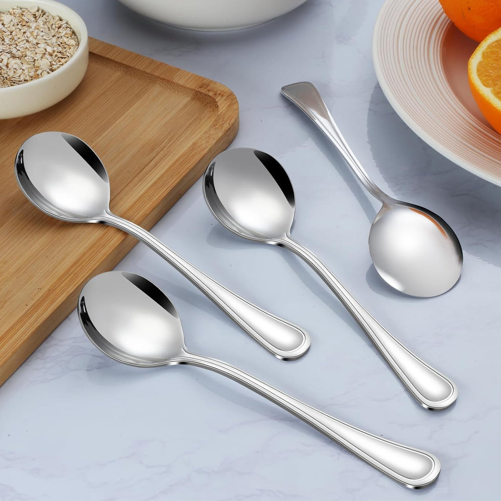 Soup Spoons - 24 PCS Round Spoon  6.9 Inch Stainless Steel Korean Spoons for Soup  Cereal  Dessert  Dishwasher Safe & Line Pattern