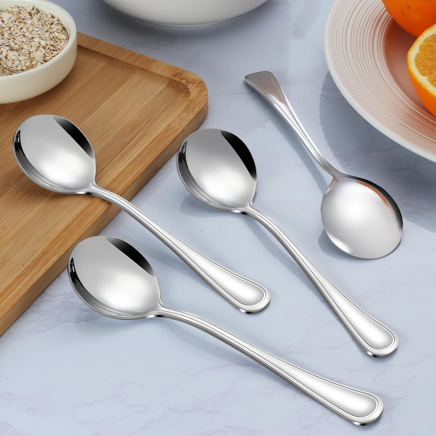 Soup Spoons - 24 PCS Round Spoon  6.9 Inch Stainless Steel Korean Spoons for Soup  Cereal  Dessert  Dishwasher Safe & Line Pattern