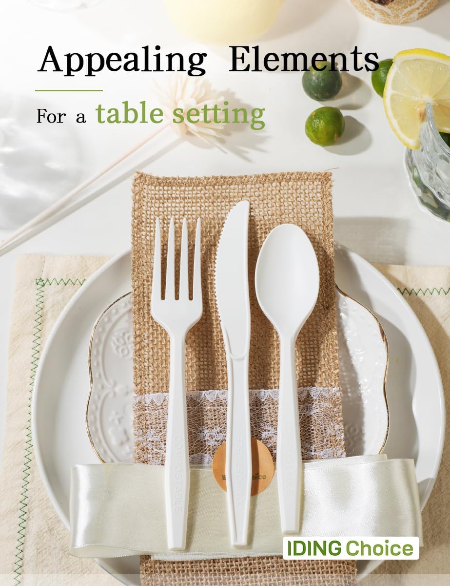 Compostable Forks No Plastic Silverware 200 count disposable cutlery flatware heavy duty party utensils Eco Friendly Heavyweight White Fork for Wedding Office BBQ Picnic Outdoor Event