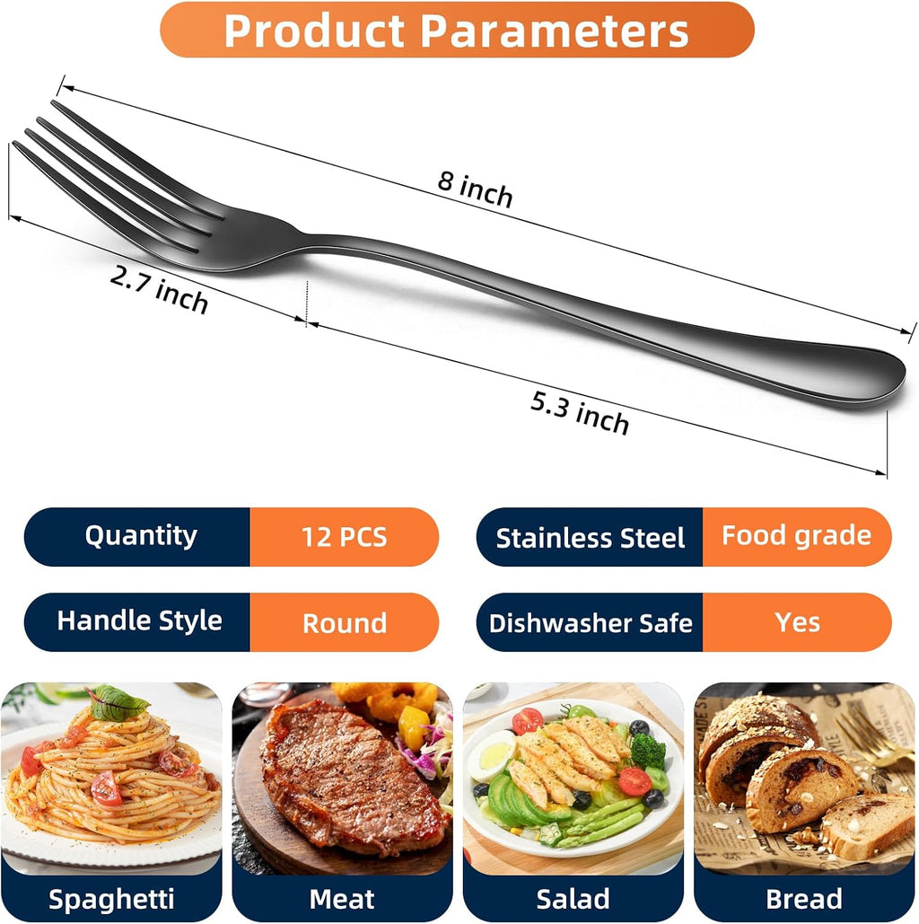 12 Piece Dinner Forks  8 Inch  Top Food Grade Extra-Fine Stainless Steel Silverware Forks，Silverware Set  Dishwasher Safe （Black)