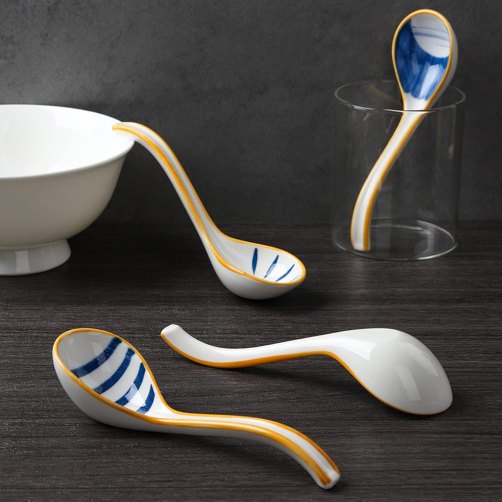 Ceramic Soup Spoons Set of 4 Porcelain Japanese Soup Spoon Long Handle Asian Soup Spoon Sets for Pho Ramen Noodles Wonton Dumpling Rice (Model 1#)
