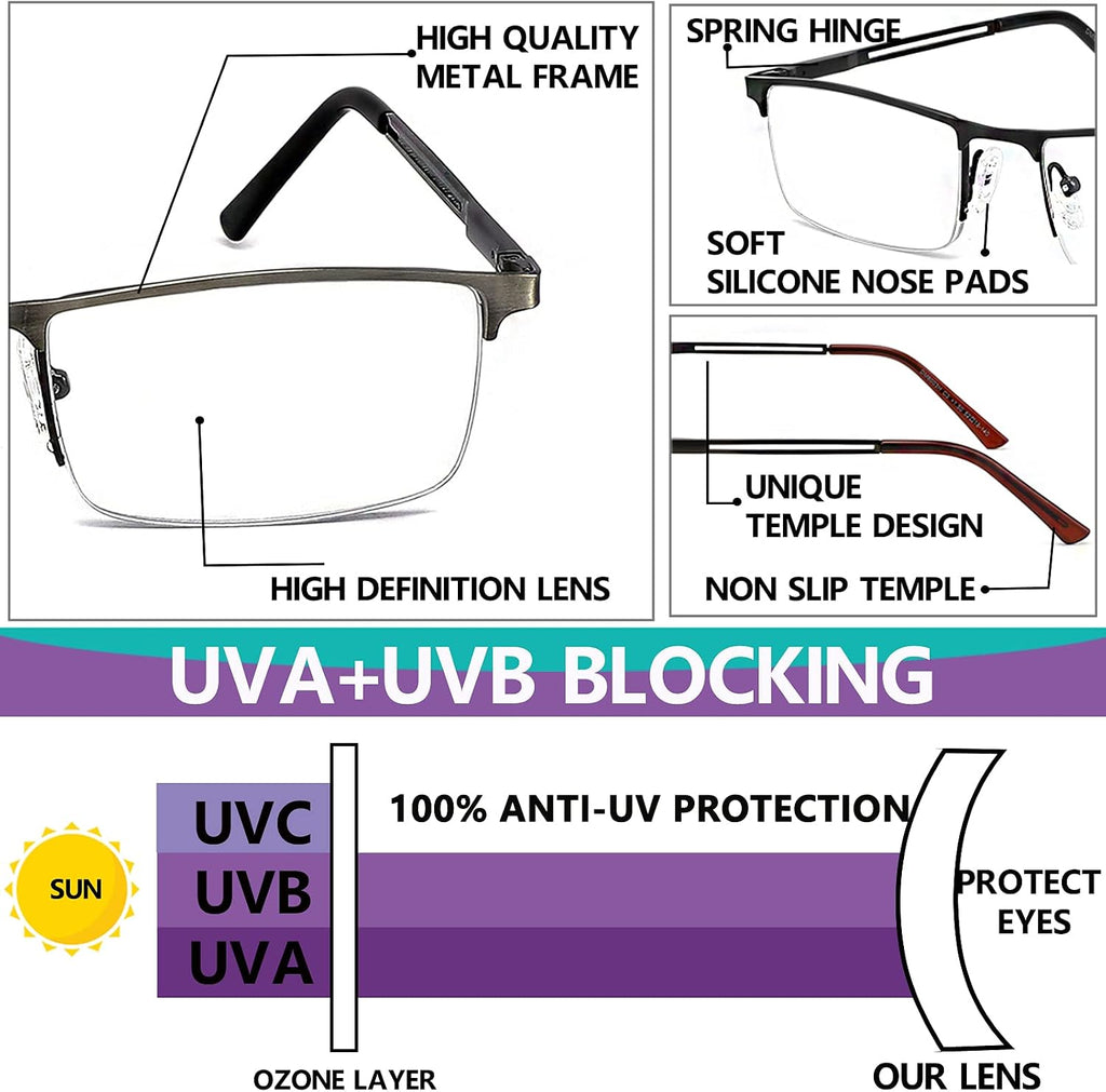 JJWELL 3 Pack Blue Light Reading Glasses for Men  Lightweight Metal Rectangle Semi Rimless Readers for Men  Anti Eyestrain/Computer Glare/UV  Half Frame Spring Hinge Eyeglasses with Pouches