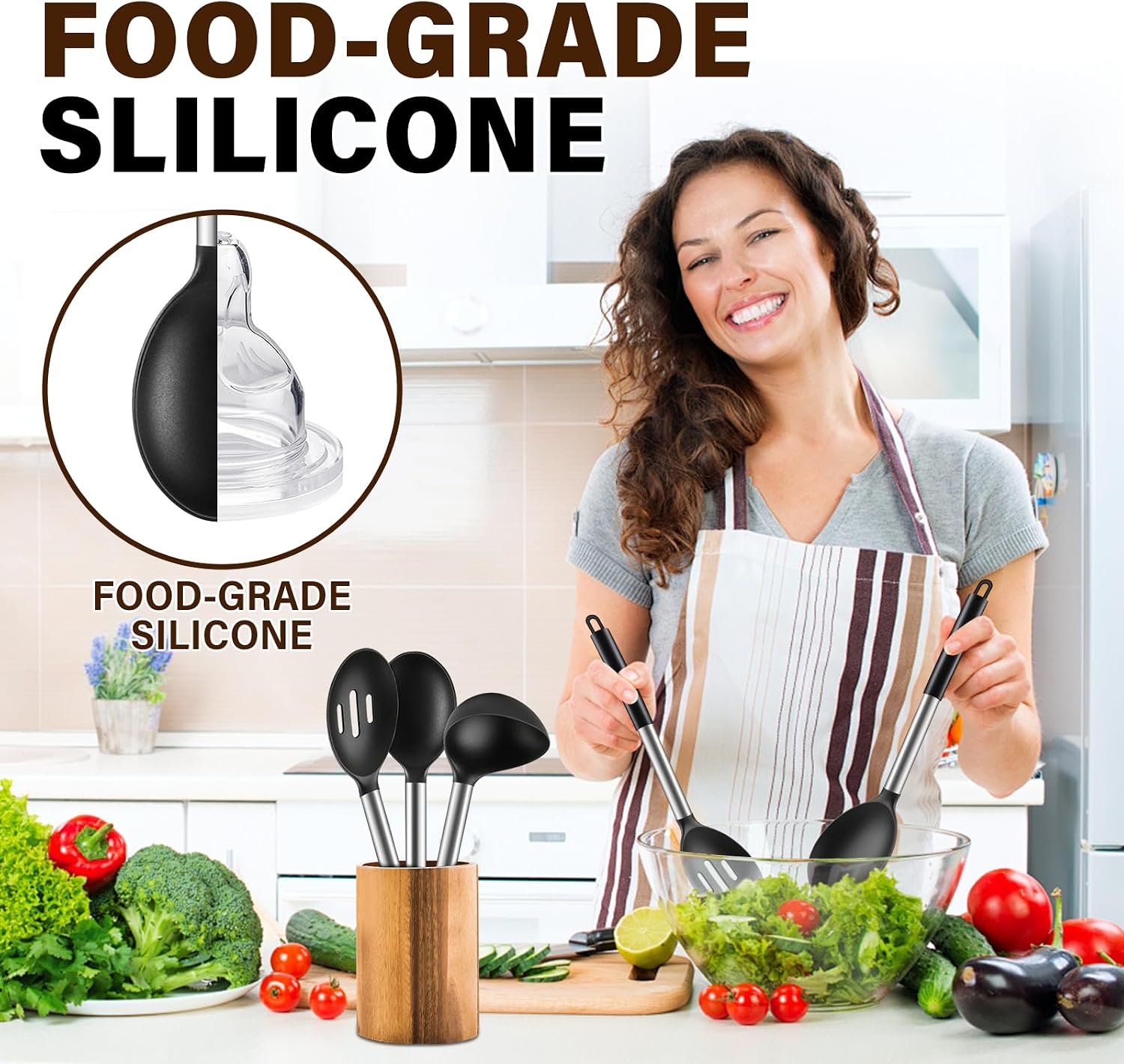 3 Pcs Silicone Cooking Spoon Set  Kitchen Utensils Include Solid & Slotted Spoon  Soup Ladle  Food-Grade Heat Resistant  Non-Scratch Spoons for Serving  Stirring  Draining  Dishwasher Safe  Black