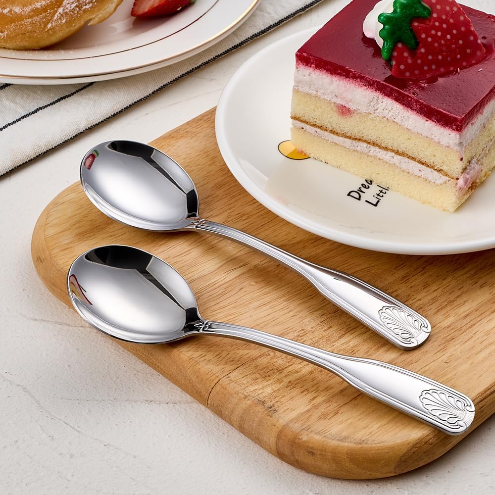 12-Piece Soup Spoon Set  6.4-Inch Stainless Steel Round Spoons Dessert Spoons  Shell Pattern Teaspoons  Mirror Polished spoons silverware  Dishwasher Safe
