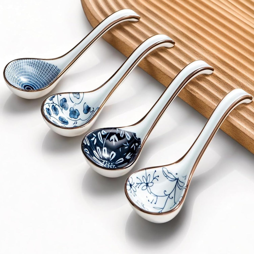 KHOI NGUYEN Asian Soup Spoon Set of 4  Ceramic Pho Spoons  Ramen Spoon  Chinese Soup Spoons  Vietnamese Gifts  Non-Slip  Dishwasher Safe for Ramen  Pho  Wonton  Miso  Dumplings  4pcs