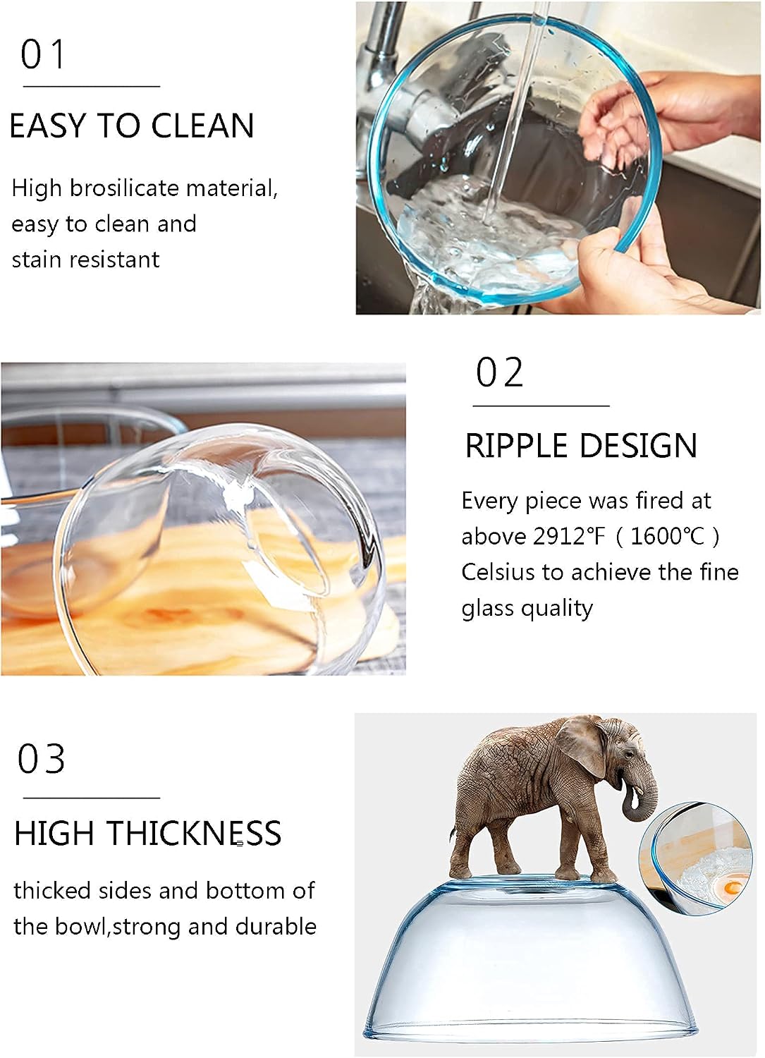 Glass Mixing Bowl Set for Baking 3-Piece Salad Bowl Set (1qt  2.5qt  4.2qt)  High Brosilicate Large Bowls for Kitchen Prepping Serving and Storage  Microwave Dishwasher Oven Safe