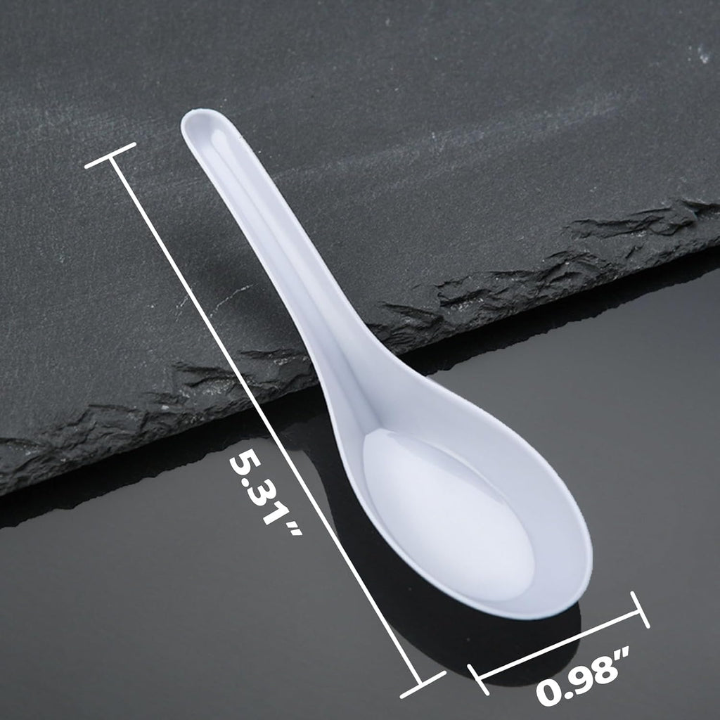 Disposable White Plastic Spoons  5.3" Asian Chinese Soup Spoons tasting spoon Front Dish Spoon Plastic Cutlery(White 50 PCS)