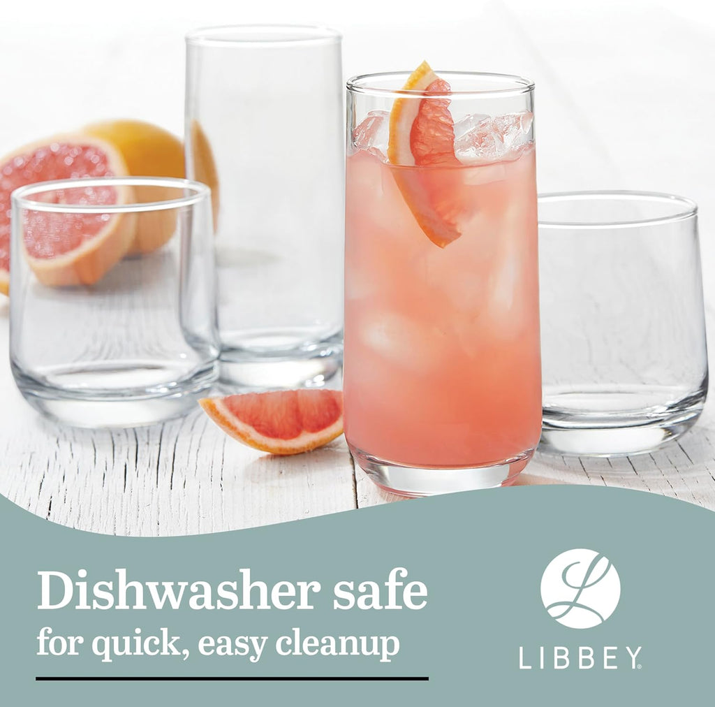 Libbey Ascent Tumbler and Rocks Drinking Glasses Set of 16  Glass Drinking Glasses with Curvature  Versatile Glassware Set for Parties and More