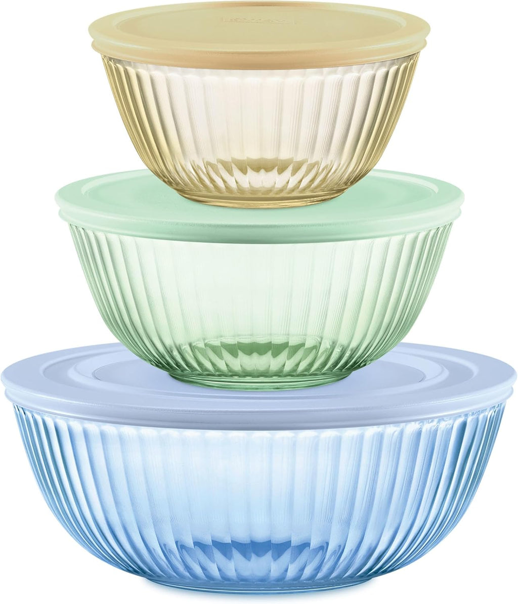 Pyrex Colors Tinted (3-Pack  Full Set) Sculpted Tinted Glass Mixing Bowls With Lids  Nesting Space Saving Set of Bowls For Prepping and Baking  1.3QT  2.3QT & 4.5Q