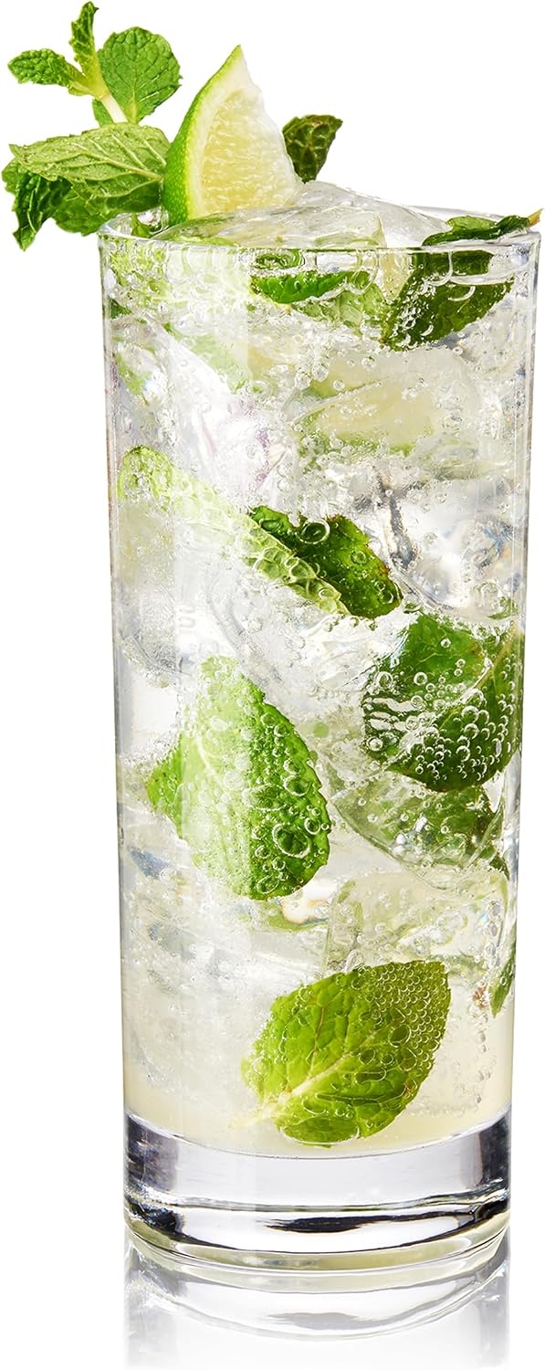 True Highball Glasses  Tall Glass Tumbler for Cocktails  Mojito Iced Tea Juices  Soda Water Drinking Cups  Kitchen Glassware  Home Bar  11 oz Set of 4