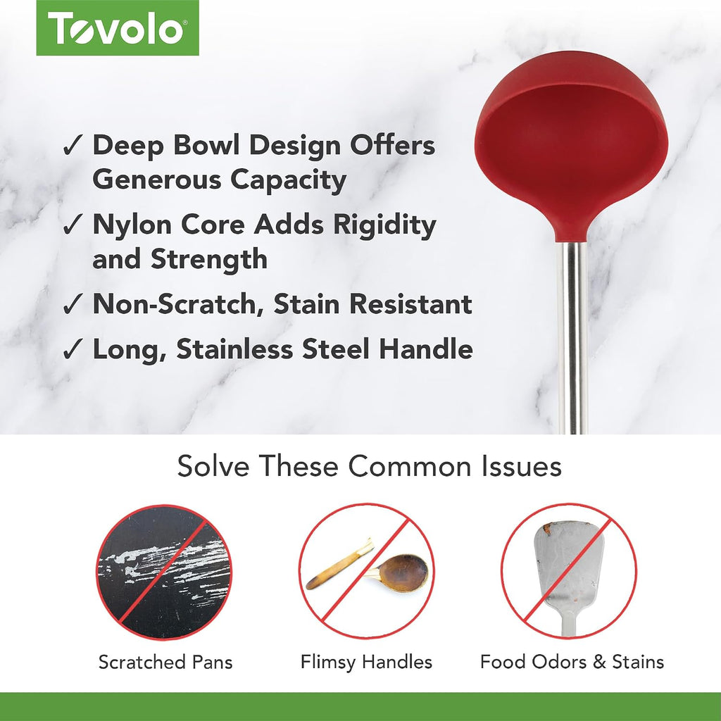 Tovolo Silicone Ladle With Stainless Steel Handle Deep Soup Ladle for Cooking Canning Serving Soup Punch Stew Sauce  Large Kitchen Utensil Spoon Dishwasher Safe BPA Free Silicone Cayenne Red