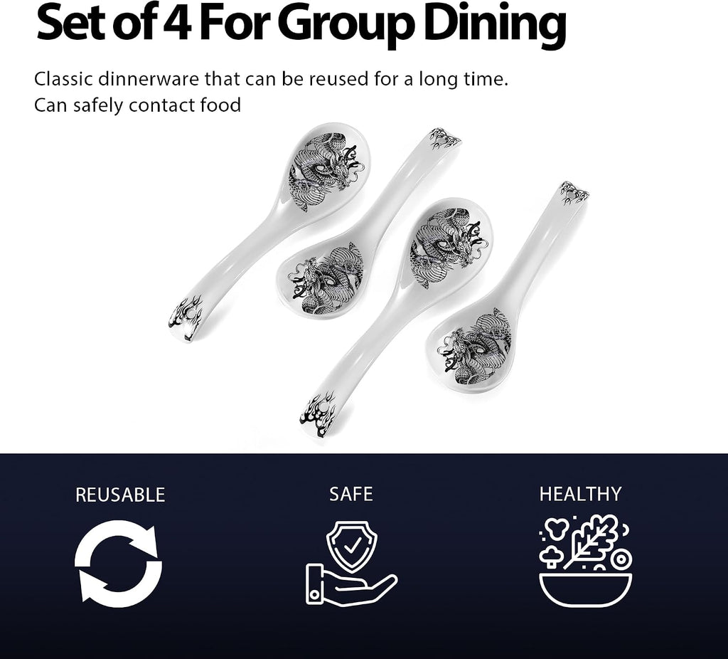 Hagary Ceramic Spoon Soup Spoons Asian Soup Spoon Chinese Korean Japanese Ramen Spoons Set of 4 with Hole 6.2 Inch (Black - Dragon New)