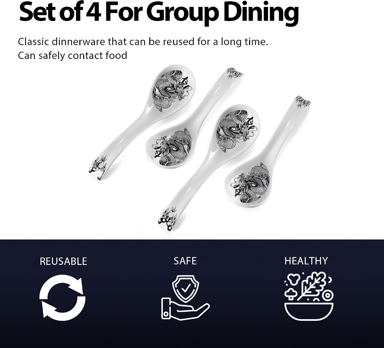 Hagary Ceramic Spoon Soup Spoons Asian Soup Spoon Chinese Korean Japanese Ramen Spoons Set of 4 with Hole 6.2 Inch (Black - Dragon New)