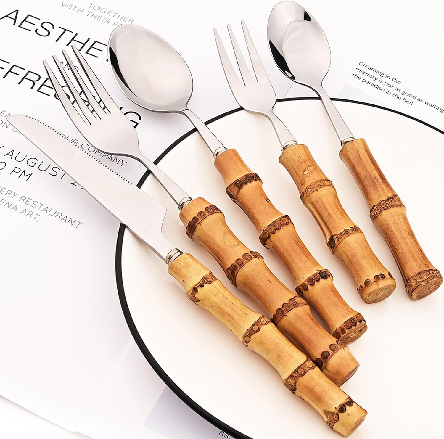 8pcs Natural Bamboo Salad Fork Set  Dessert Fork For Home Wedding Party Or Restaurant Daily Use  304 Stainless Steel  7.87-inch (Silver)