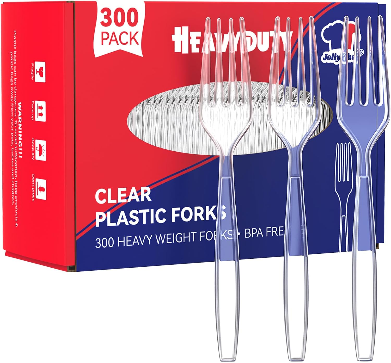 JOLLY CHEF 300 Count Clear Plastic Forks Heavy Duty  7.1" Heat Resistant Solid and Durable Plastic Forks Disposable  Disposable Bulk Cutlery Suitable for Parties Supply Events Everyday Use