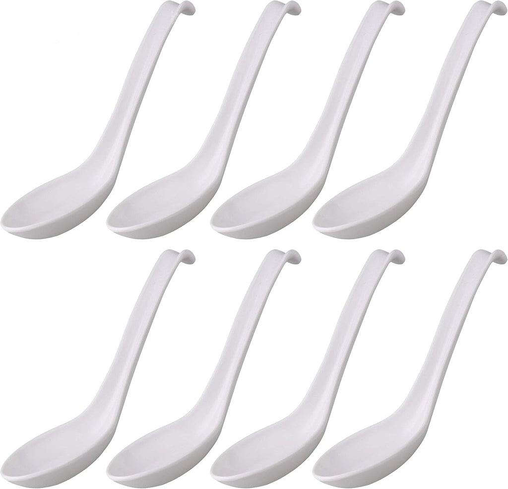Comicfs Asian Soup Spoons 8 pieces  Large Japanese Soup Spoons  Soba Rice Pho Ramen Noodle Soup Spoon  Chinese Won Ton Soup Spoon  Hook Style (White)