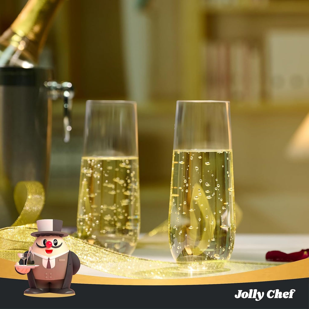JOLLY CHEF 36 Pack Stemless Plastic Champagne Flutes 9 oz  Crystal Clear Stemless Plastic Toasting Glasses  Clear Disposable Unbreakable Drinkware Ideal for Wedding  Birthday  Party  Thanksgiving