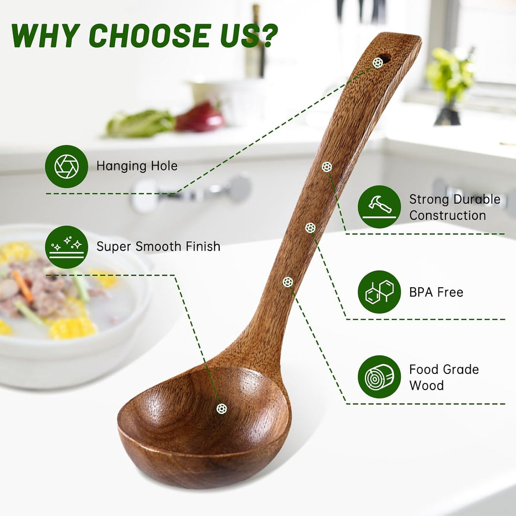 2PCS Wooden Ladle Set  wood ladle and Wooden Pasta Spoon with Hole  Durable Natural Wood  Non Scratch Cooking Tools for Soup  Pasta and Stirring