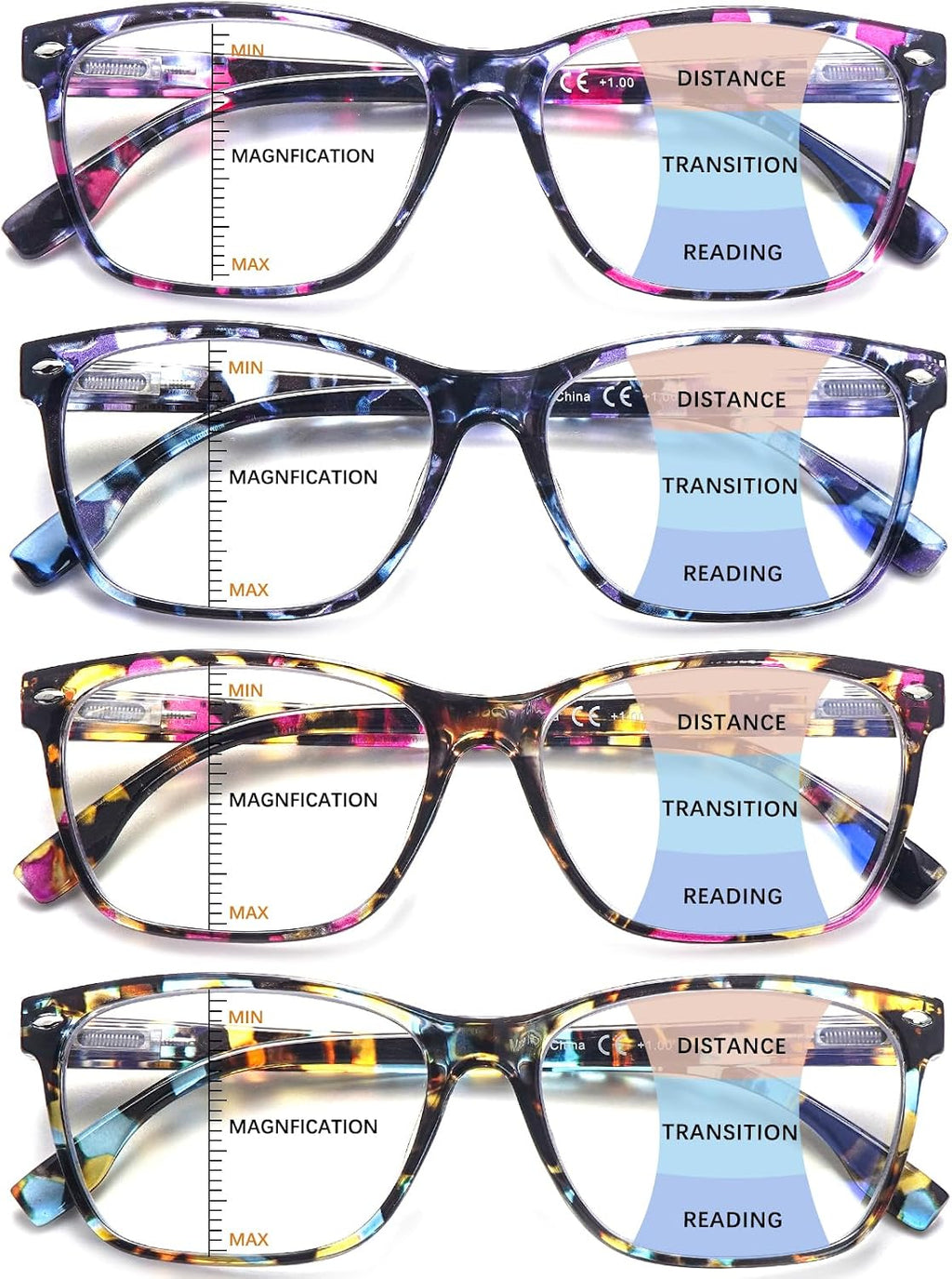 CLASAGA Progressive Multifocus Reading Glasses for Women  Pattern Print Blue Light Block Stylish Ladies Computer Readers