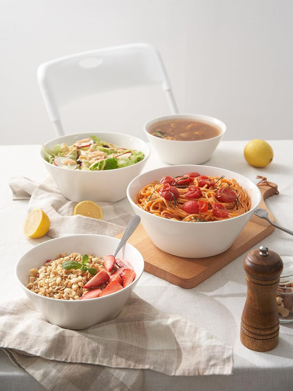 DOWAN 32 OZ Large Soup Bowls Set of 4 - White Ceramic Bowls for Kitchen  Deep Bowls for Cereal  Salad  Pasta  Fruits  Ramen  Dishwasher & Microwave Safe