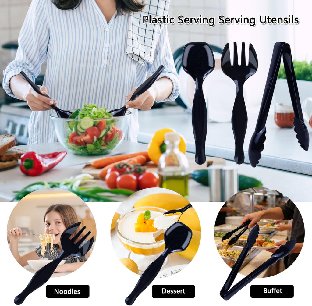 36Pcs Black Plastic Serving Utensils Disposable Serving Spoons Forks Tongs for Party Utensils Supplies for Dinner Parties Buffets Salad Noodles Soup and Weddings (Black)