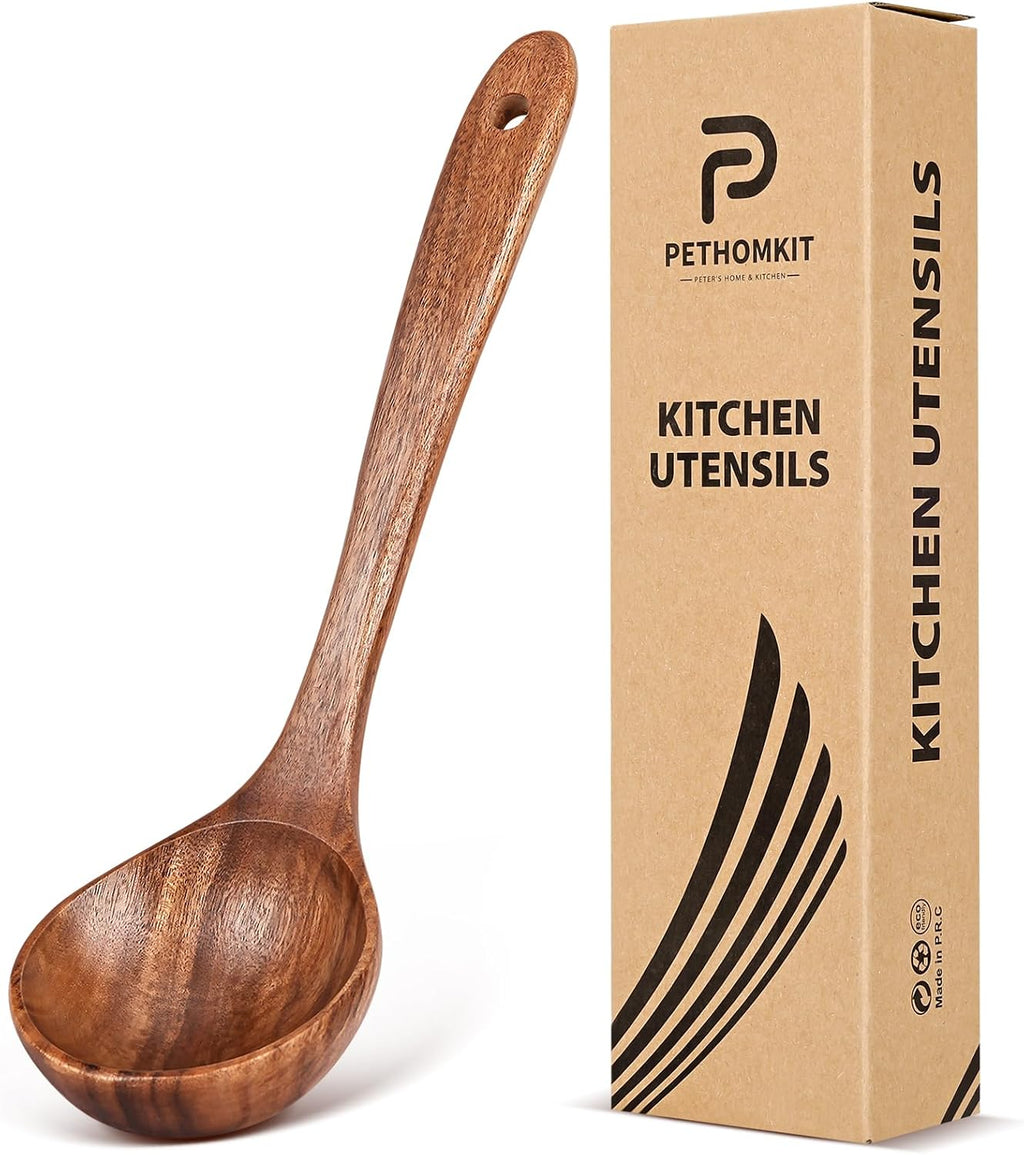 Wooden Soup Spoon for Cooking  Teak Acacia Soup Ladle  Non-Toxic Natural Wood Serving Spoon for Gravy Sauce Porridge  Long Handle Deep Scooper Server Utensil  No-Scratch Cookware Surface 10.6″